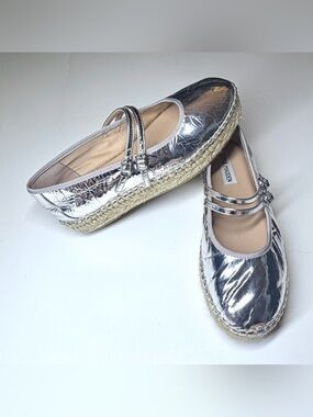Steve Madden Women’s Silver Metallic Espadrille Mary Jane Platform Flats Size-8M